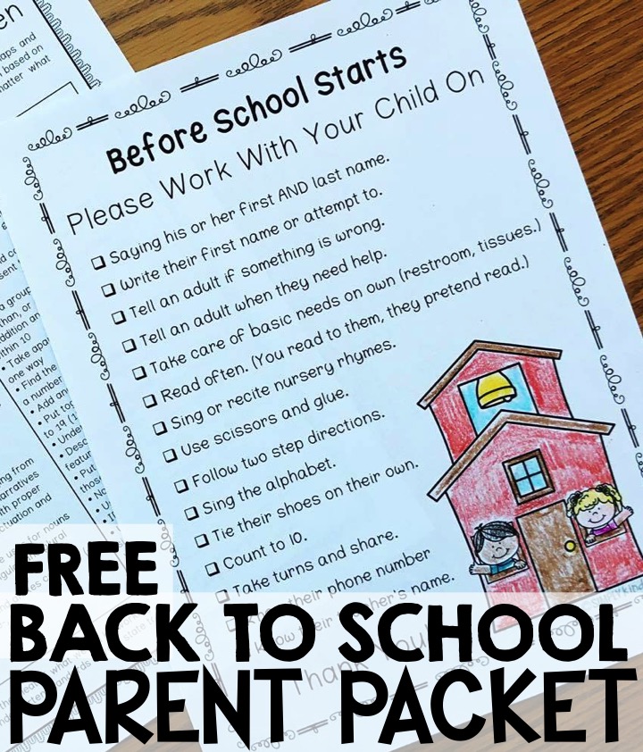 Free Back to School Packet for parents of kindergarteners from Simply Kinder