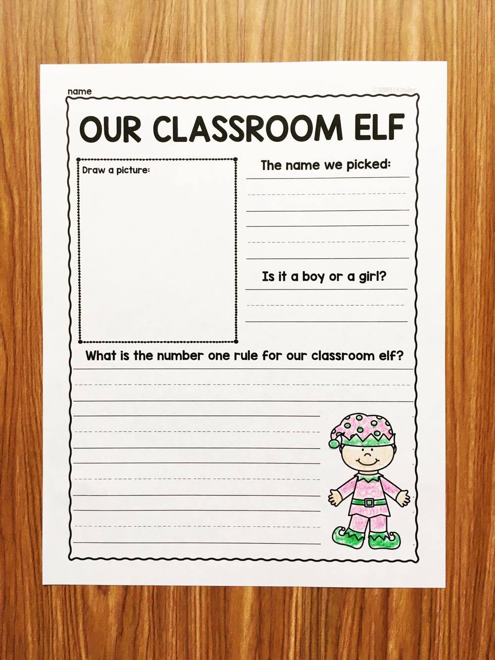 Elf Naming Survey. A free printable from Simply Kinder that reinforces literacy and math. 