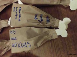 Turkey Paper Bag Project. Studnets write some adjectives about turkey on the bag. Then stuff and place a bone in the end. Staple shut and you have an adorable turkey leg!
