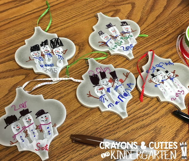 Ceramic Tile Snowman Fingerprint Ornaments from Ms. Drake's kindergarten class!