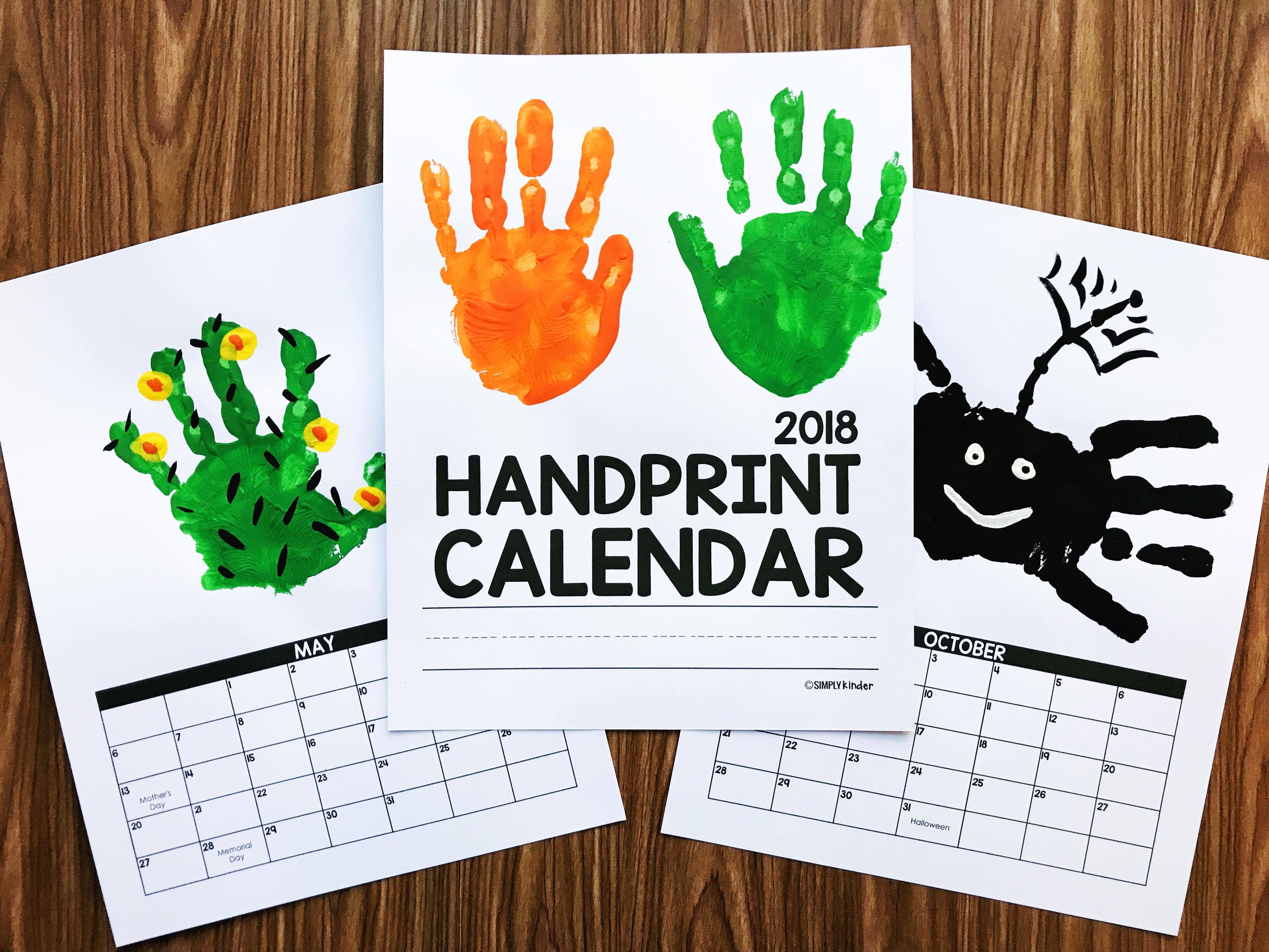 Handprint Calendar from Simply Kinder. This no-fuss calendar will be a perfect gift for your families. It's editable so you can change the calendar year after year and it's one page per month so there is no fumbling with matching the backs of months to the front to get the order right. It's also super simple with no titles or poems so you can easily do your own handprint ideas or use the samples provided.