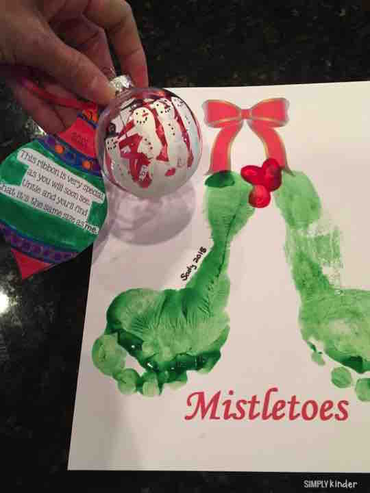 Christmas Gifts for parents! Snowman Ornament with fingerprints, ribbon measurement ornament, and a mistletoe footprint project!