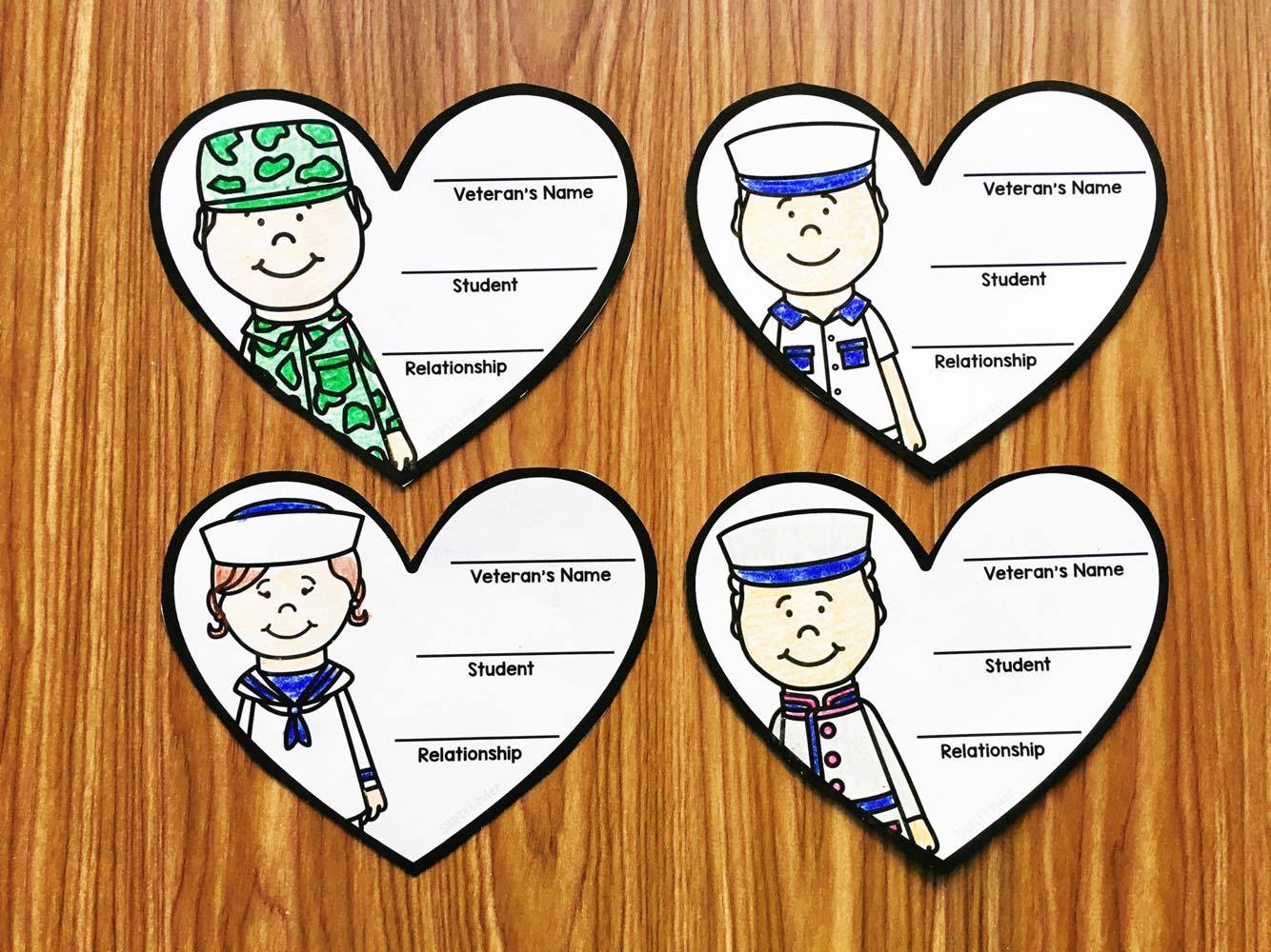 Have your community fill out these free hearts during Veterans Day. They will create a great display of the military connects your students have. 