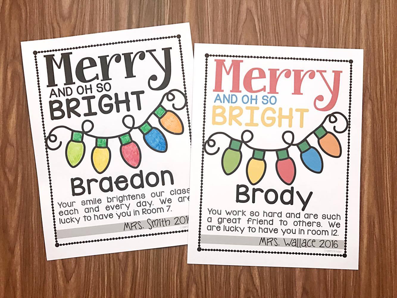 Merry and Oh So Bright Note for teachers to make for their students.  Free from Simply Kinder. 