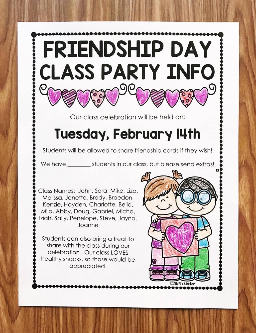 Free Valentine's Day Letter for a Class Party. Fully editable and has a Friendship Day option. Perfect for informing parents about student names and plans for your class party. A great way to start off your Valentine's Day Class Party in preschool, kindergarten, and first grade. 