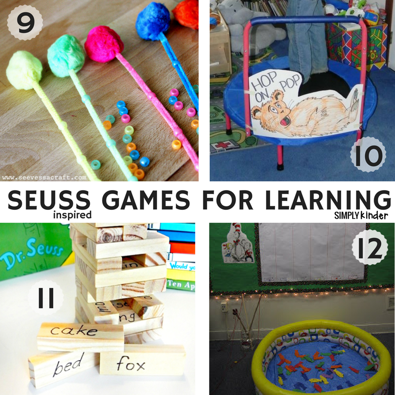 Dr. Seuss Inspired Games for Learning! A roundup of ideas to promote literacy and math skills from Simply Kinder. Great ideas for preschool, kindergarten, and first grade. 