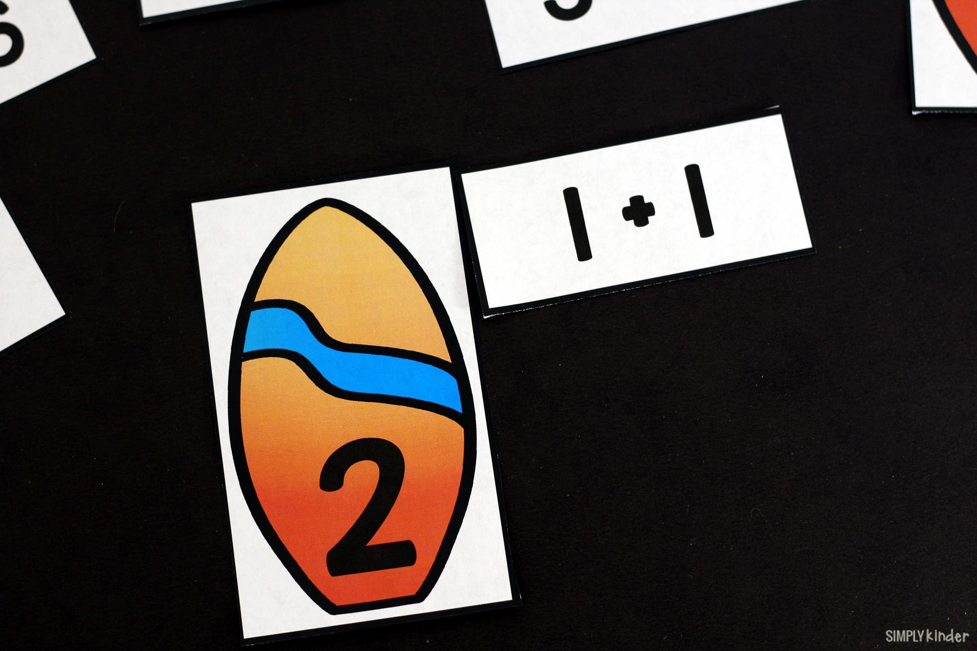 Surf Addition Game for preschool, kindergarten, and first grades.  The perfect summer math center free from Simply Kinder.