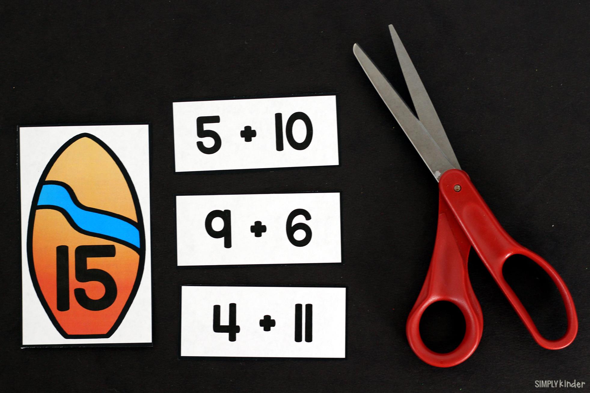 Surf Addition Game for preschool, kindergarten, and first grades.  The perfect summer math center free from Simply Kinder.