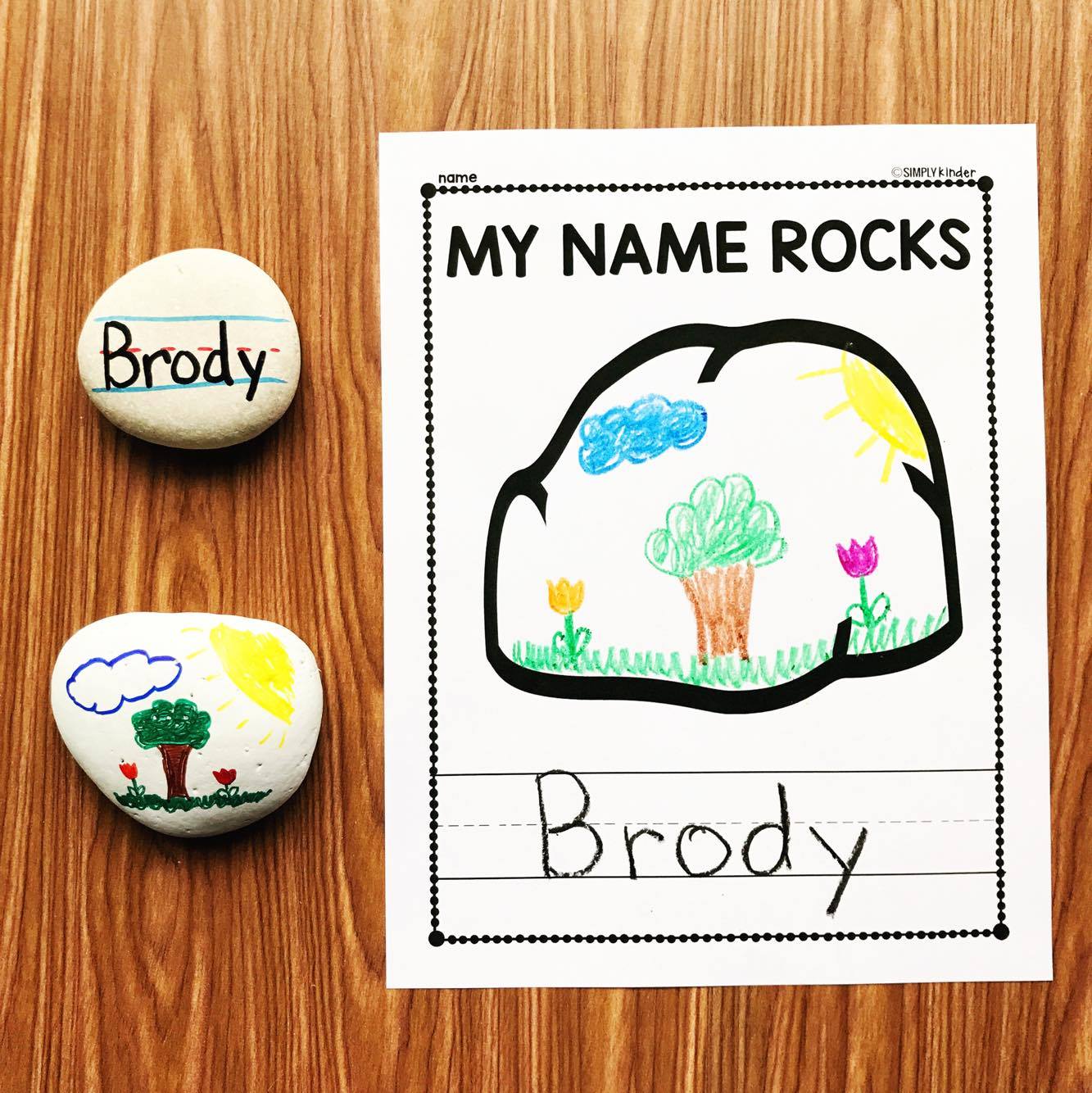 Name Rocks - Make these fun name rocks for your students to use in a writing center! Students will have a perfect model of who to write their name on one side and can illustrate the other side! Simply Kinder shares how we made them, what we learned doing them with first graders, and free printables to use them in centers!
