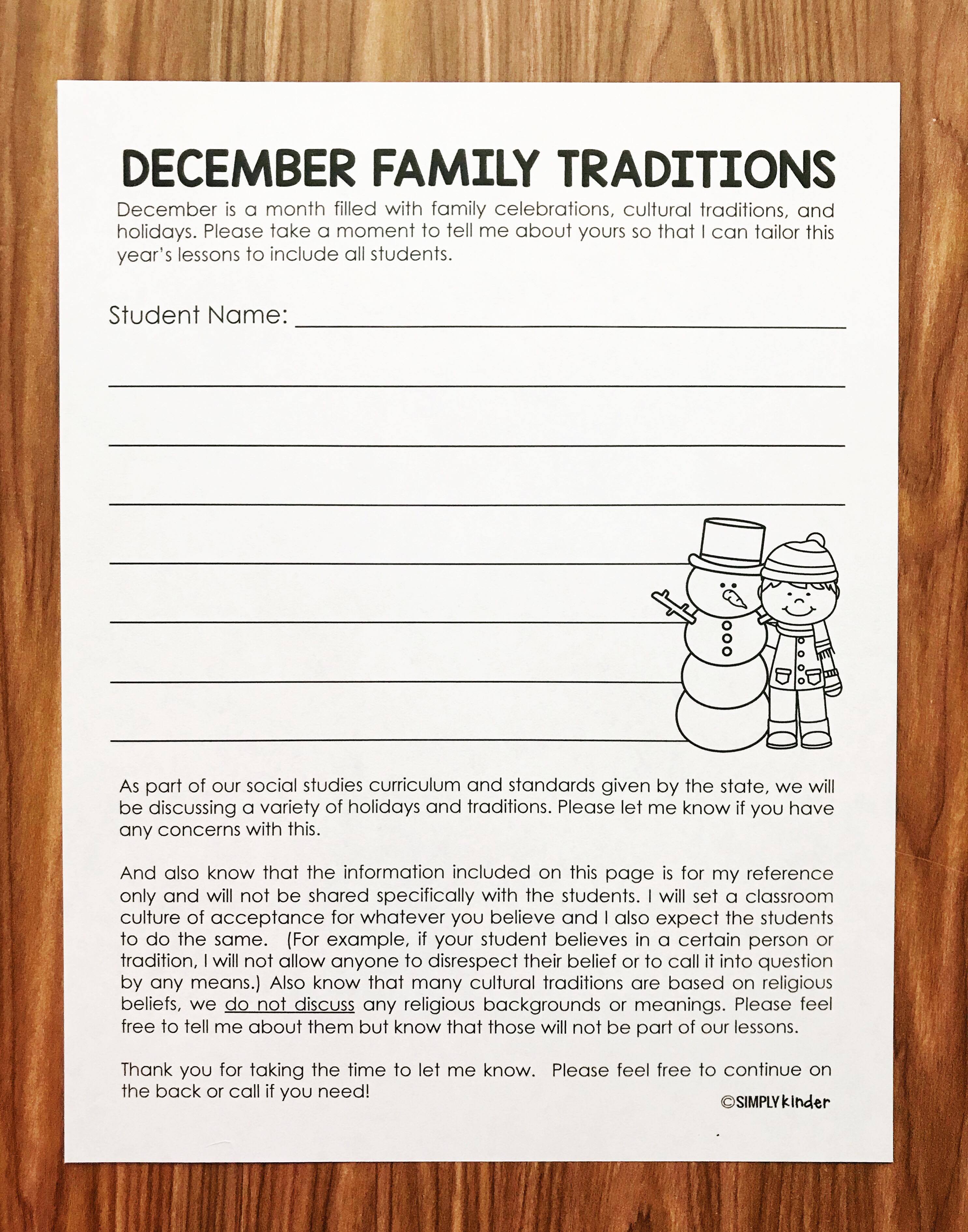 Free December Family Flyers from Simply Kinder. Find out about your students' holiday traditions. Make a fun tree using this triangle you send home. And create this fun Christmas Around the World Project with this fun flyer and a piece of paper. 
