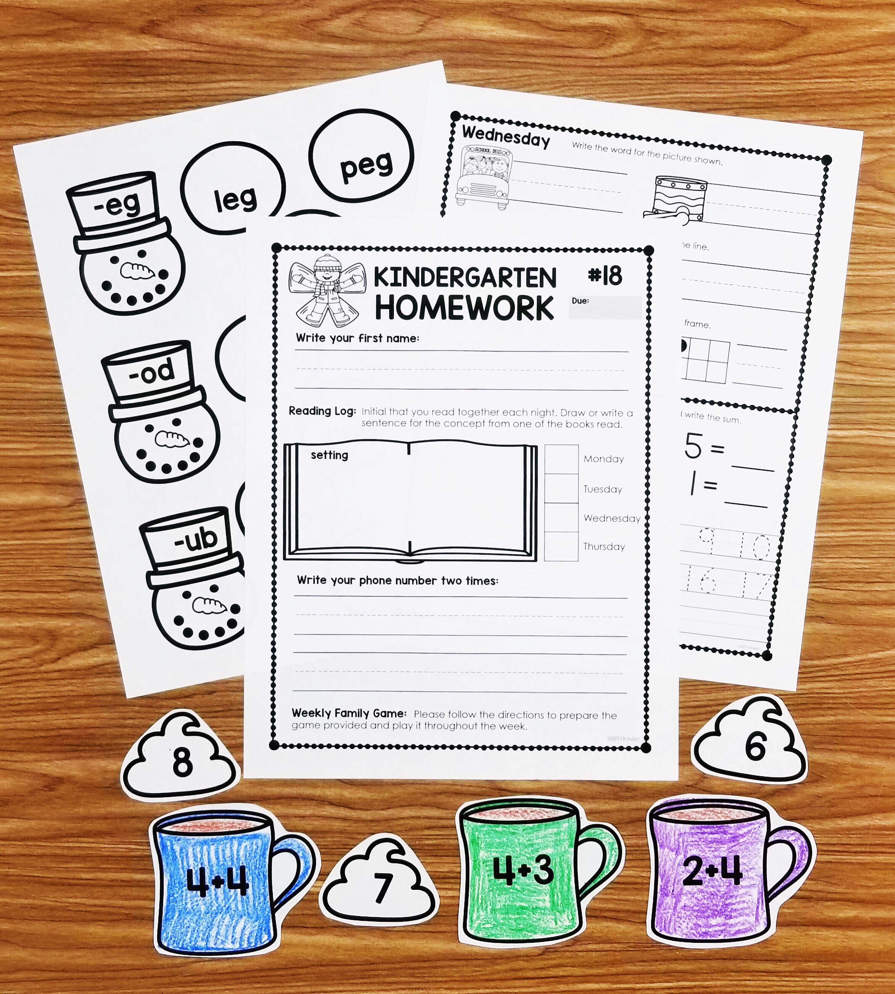 Kindergarten Homework with weekly family games and academic review! Try a week free at Simply Kinder!