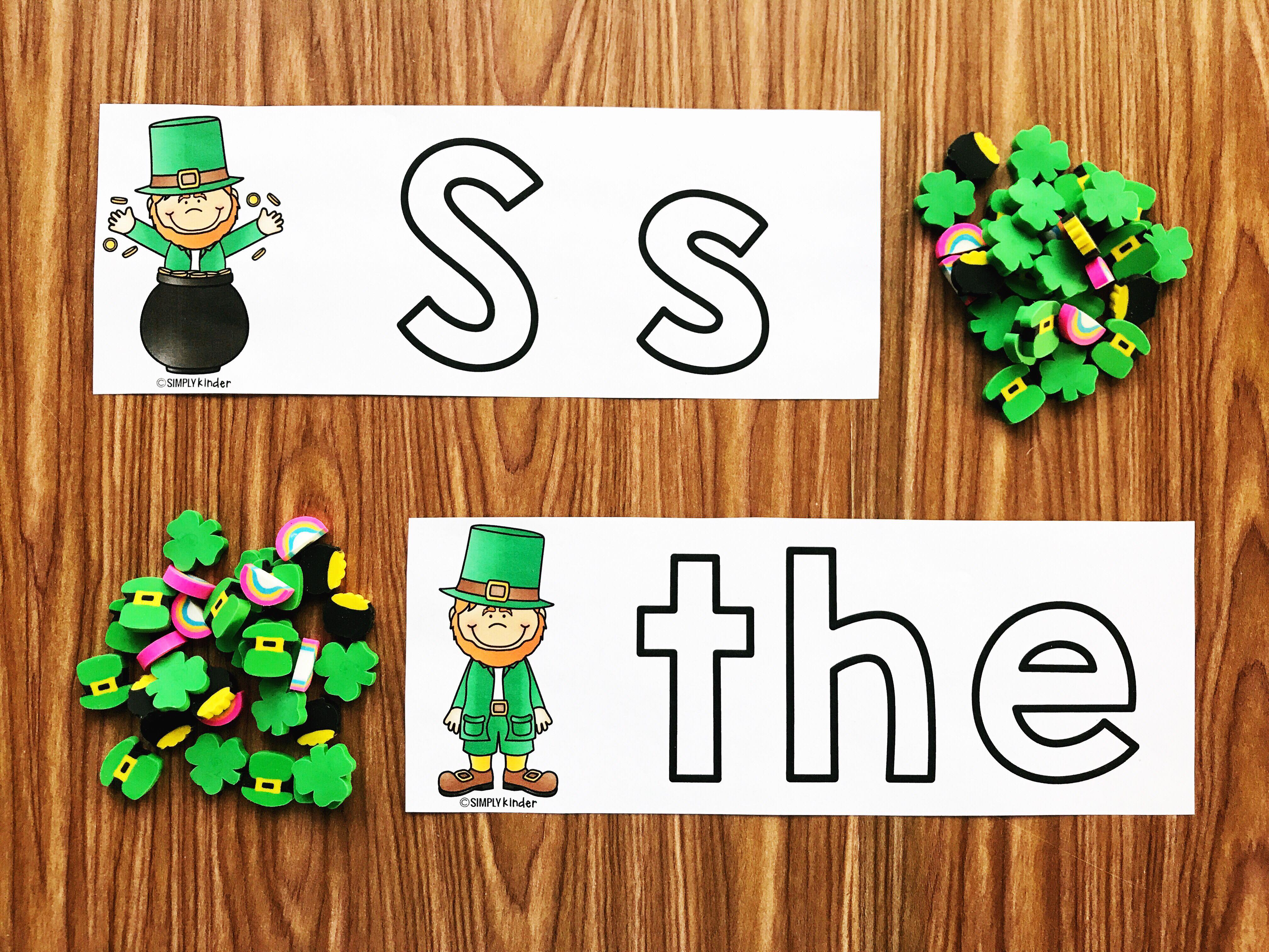 Build words and letters with this fun St. Patrick's Day Mini Eraser Center.  Build the letters and words and then count and record how many mini erasers it took.  Perfect for preschool, kindergarten, and first grade students.  Great for morning work, math centers, literacy centers, and STEM.  