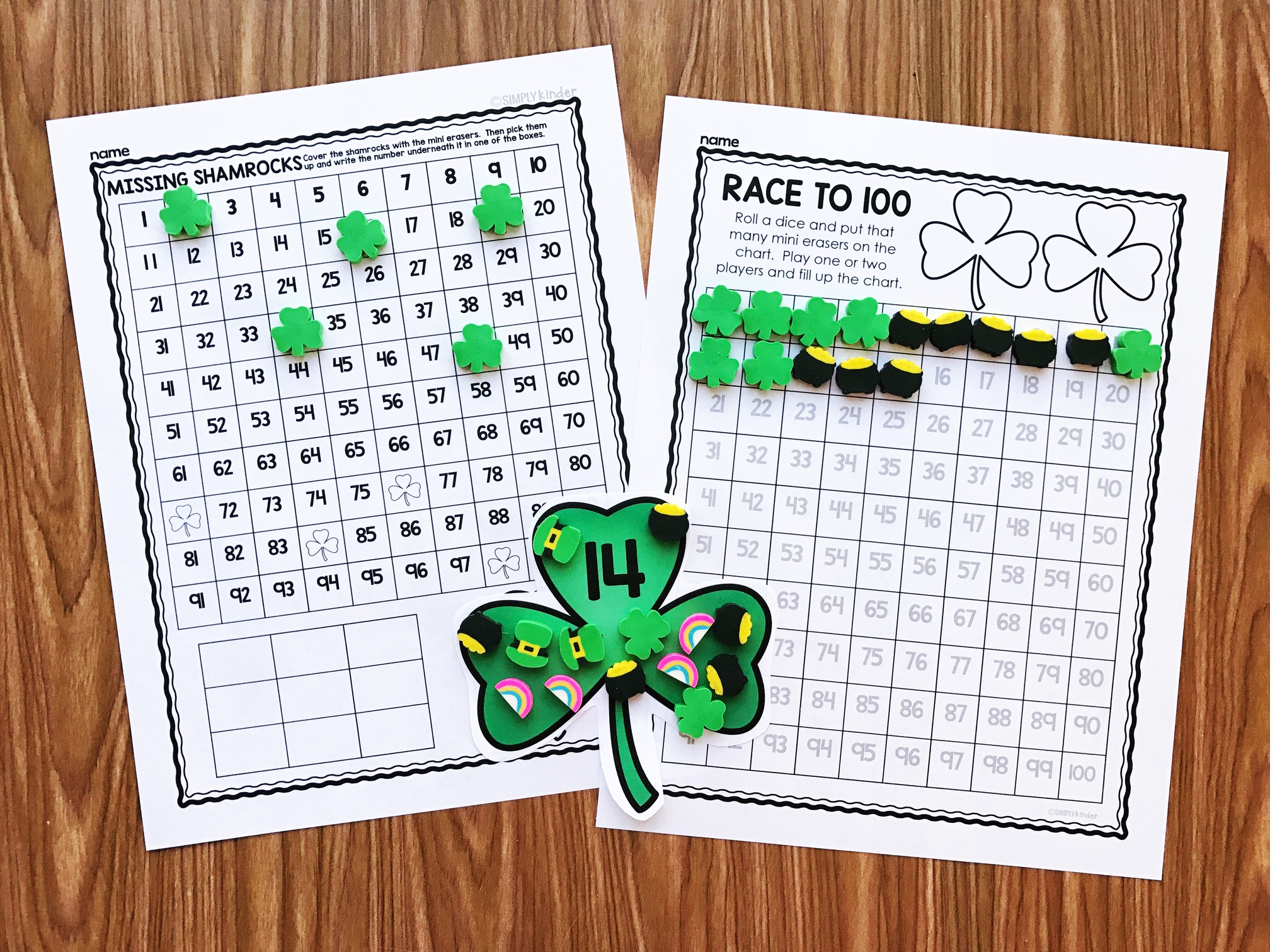 St. Patrick's Day Mini Eraser Activities.  Counting, adding, subtraction, working with sounds, and so much more!  Perfect for preschool, kindergarten, and first grade from Simply Kinder.  