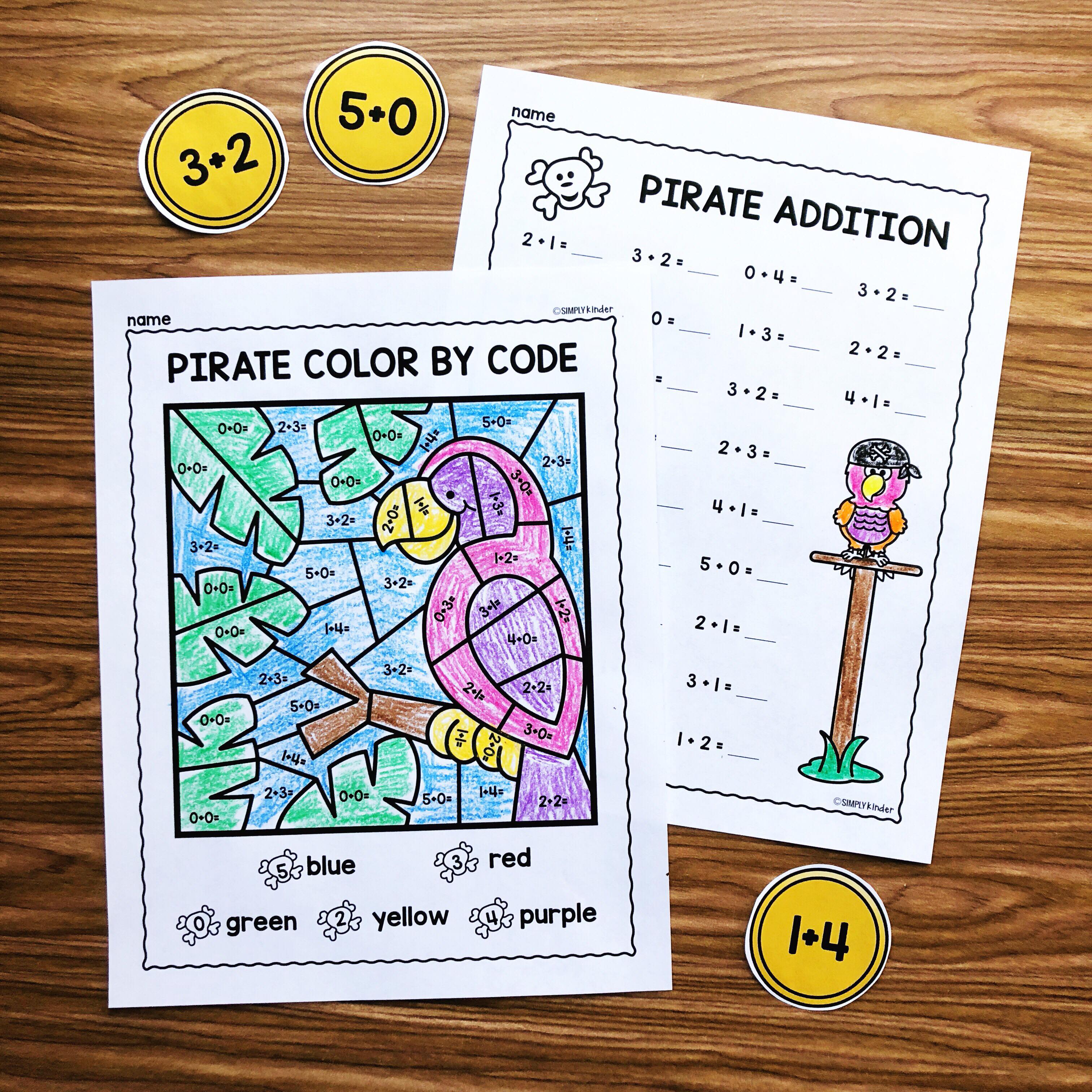 Free pirate math fact fluency activities perfect for kindergarten and first grade from Simply Kinder. Students will love the color by code addition practice pages!