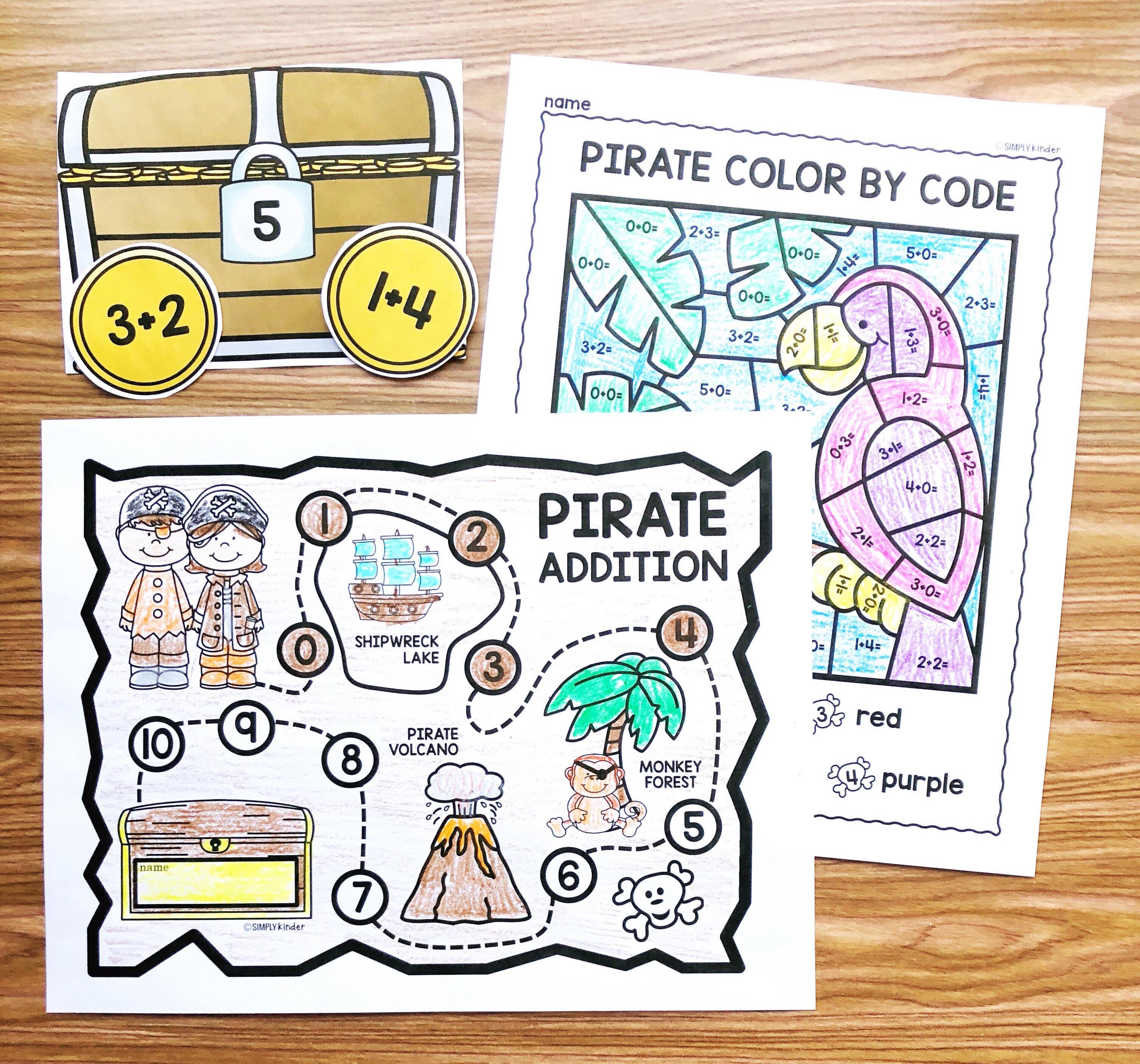 Free Pirate Math Fact Fluency practice pages perfect for kindergarten and first grade students from Simply Kinder. Students will love using the pirate map to track the facts they know and have fun playing the games!