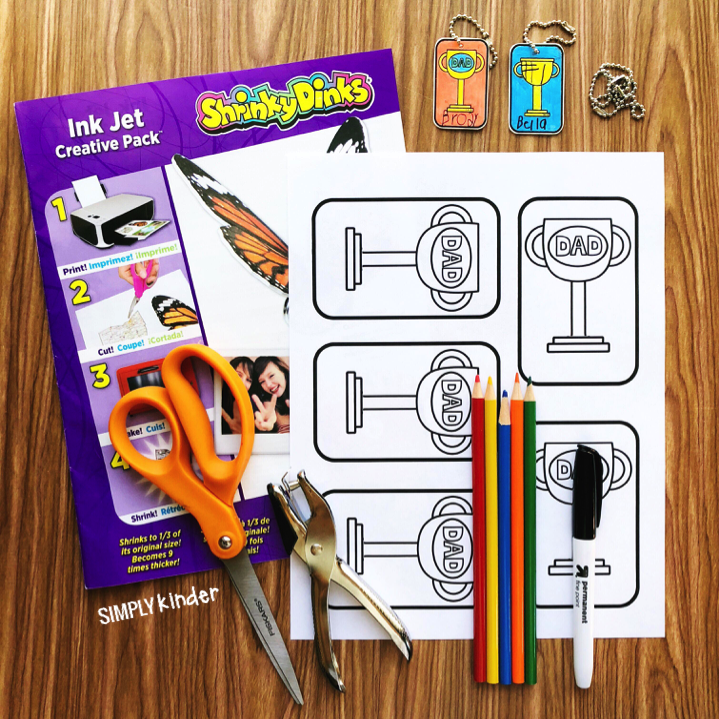 Shrinky Dink Father's Day Keychain dads will love. Print the template, color, cut, bake, and put on a keychain! The perfect Father's Day give for preschool, kindergarten, and first grade students to give their dads. Free Father's Day printable template from Simply Kinder.