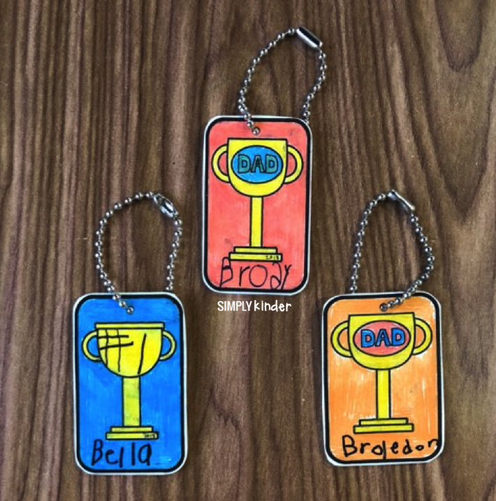 Shrinky Dink Father's Day Keychain dads will love. Print the template, color, cut, bake, and put on a keychain! The perfect Father's Day give for preschool, kindergarten, and first grade students to give their dads. Free Father's Day printable template from Simply Kinder.