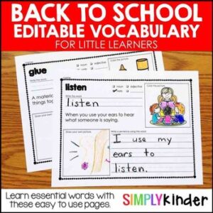 Back to School Vocabulary for Little Learners (Editable)