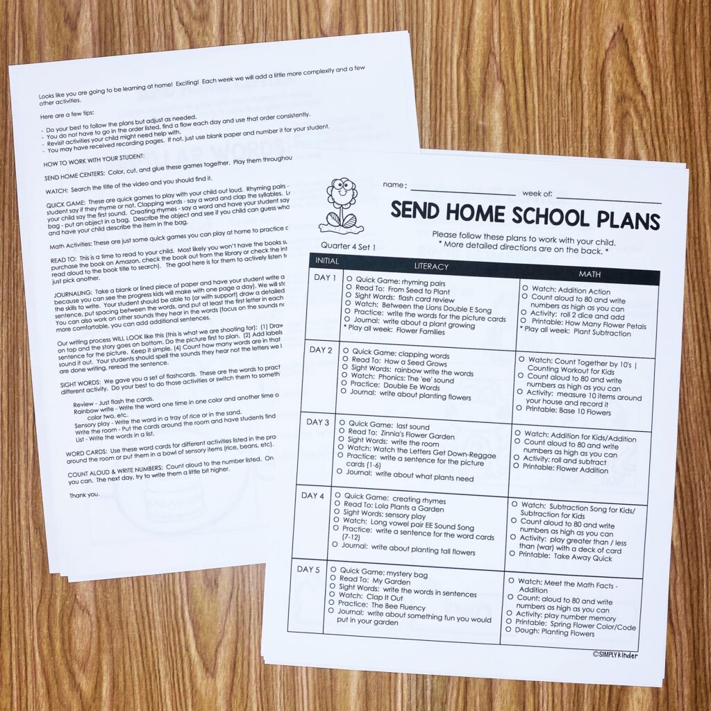 Send Home Sub Plan Kinder 4th Quarter Weeks 1-3 - Simply Kinder