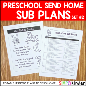 Send Home Sub Plans PRESCHOOL Set 2 : 2 Full Editable Weeks