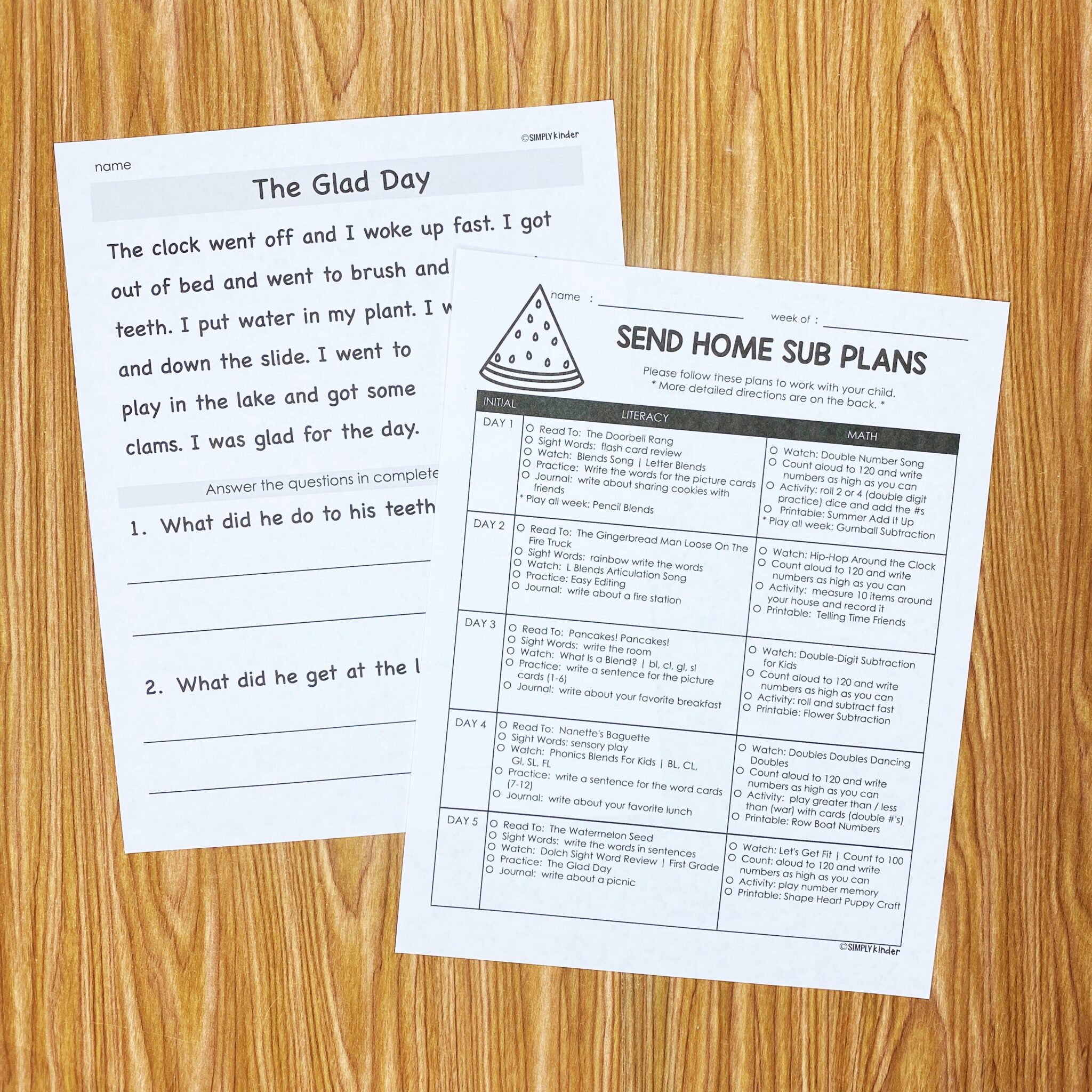 Send Home Sub Plans FIRST Set 4 : 2 Weeks Editable - Simply Kinder