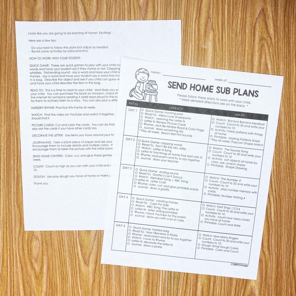 Send Home Sub Plans Preschool Set 6 - Simply Kinder
