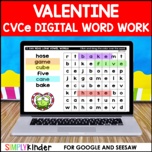 Valentines CVCe Digital Word Work for Google and Seesaw