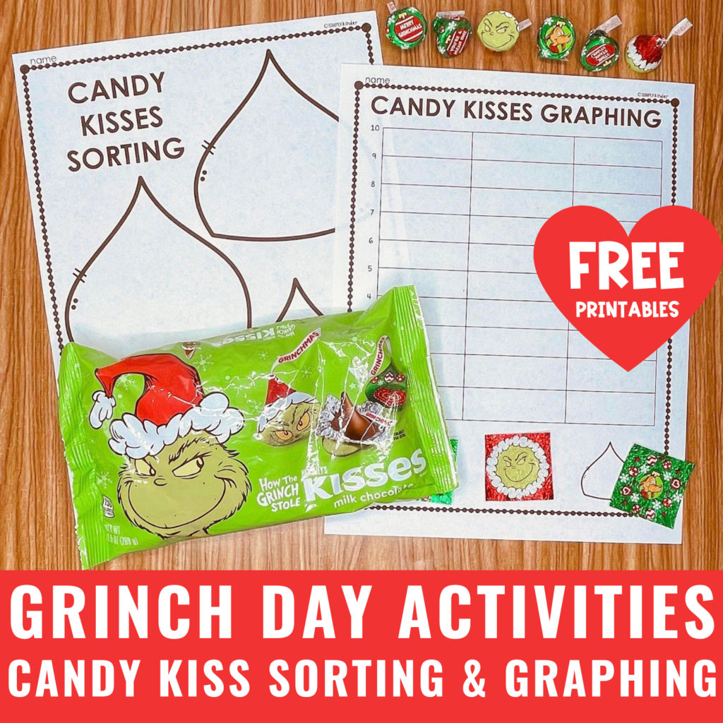 Looking for some Grinch Day activities for preschool, kindergarten, or first grade? We have some amazing ideas for you AND a free printable to sort and graph the new Grinch Hershey Kisses! 