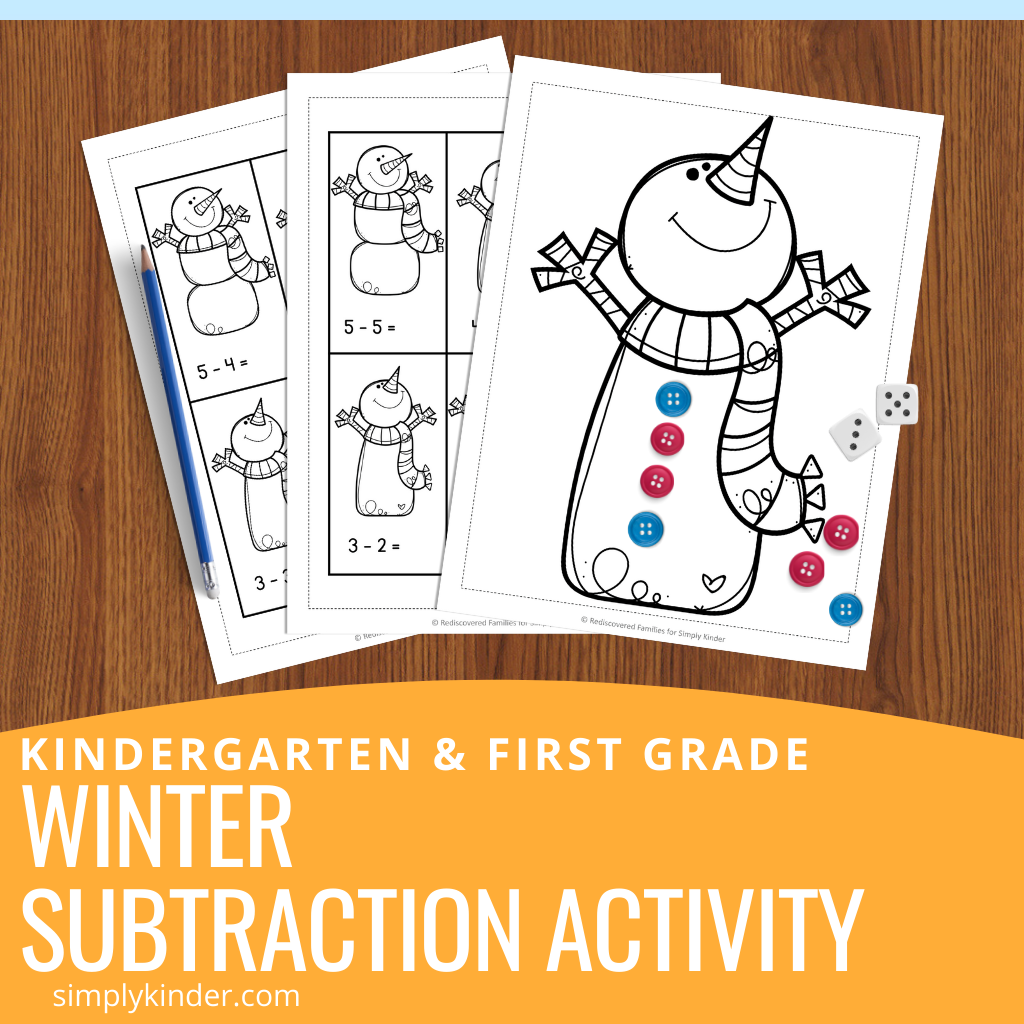 close up of winter subtraction activity pages