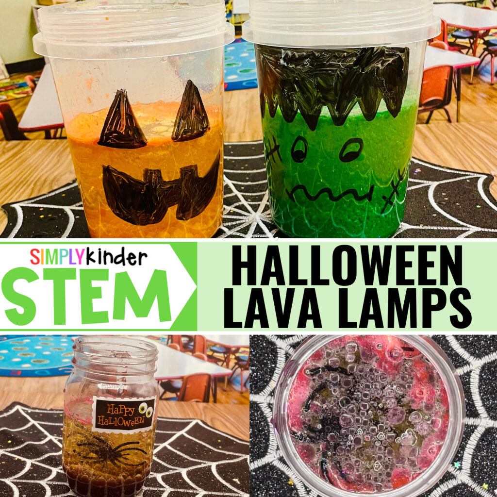 Make these Halloween lava lamps for a fun STEAM experiment to amaze your class. Perfect for preschool, kindergarten, and first grade. 