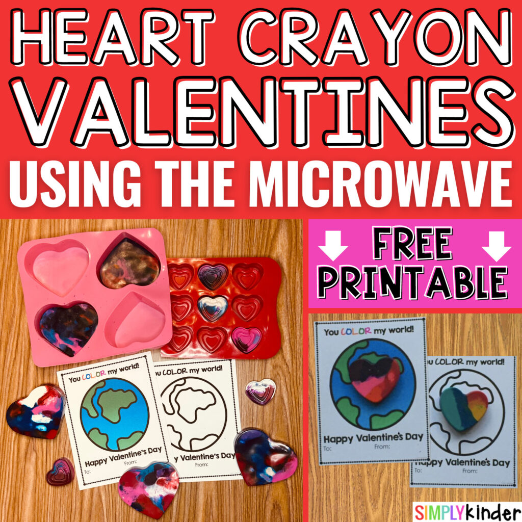 Heart crayon valentines are so easy to make with peeled crayons, a silicone mode, and a microwave! Then use the free printable as a card!