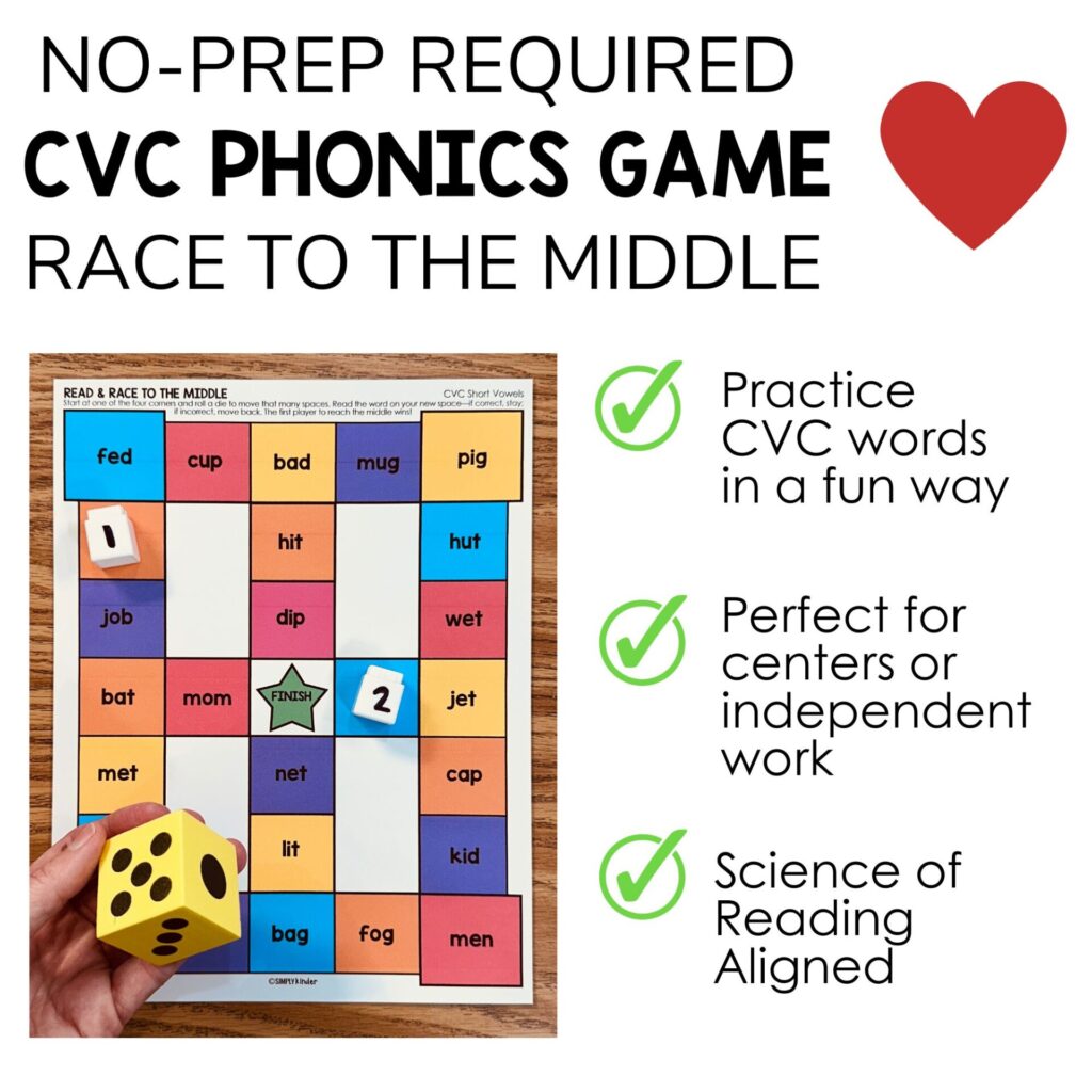 CVC Words Games No-Prep Race To The Middle - Simply Kinder