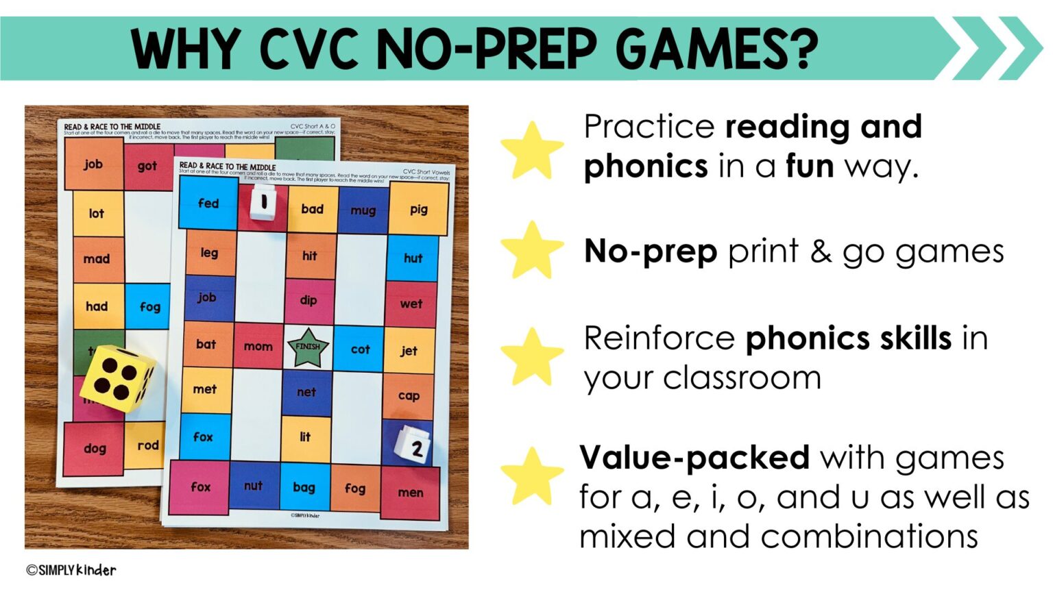 CVC Words Games No-Prep Race To The Middle - Simply Kinder