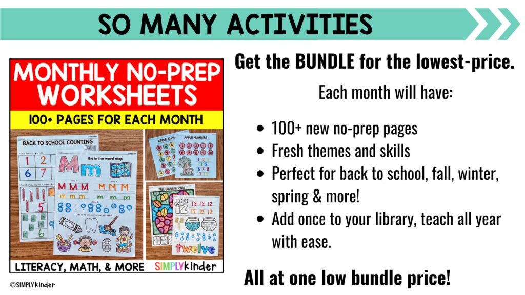 No Prep Kindergarten Back to School Literacy & Math Activities Packet ...