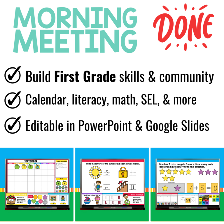 Morning Meeting Slides First Grade Activities, Questions, Digital Calendar, SEL bundle preview