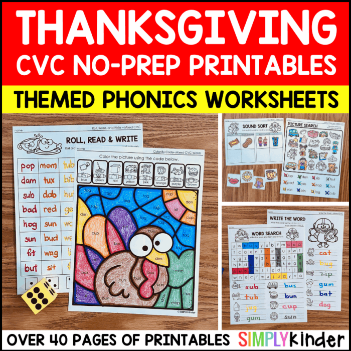 Thanksgiving CVC Printables – No-Prep Phonics Worksheets for ...