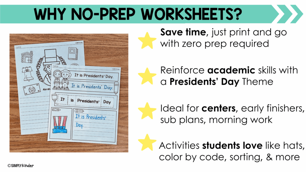 Presidents’ Day No Prep Worksheets, February Activities Kindergarten ...
